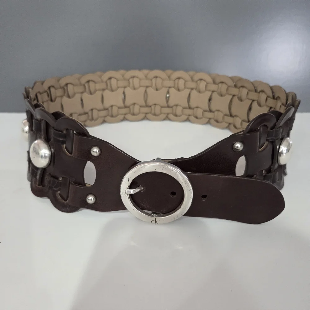 Calvin Klein Woven Wide Brown Leather Belt - Picture 2 of 6